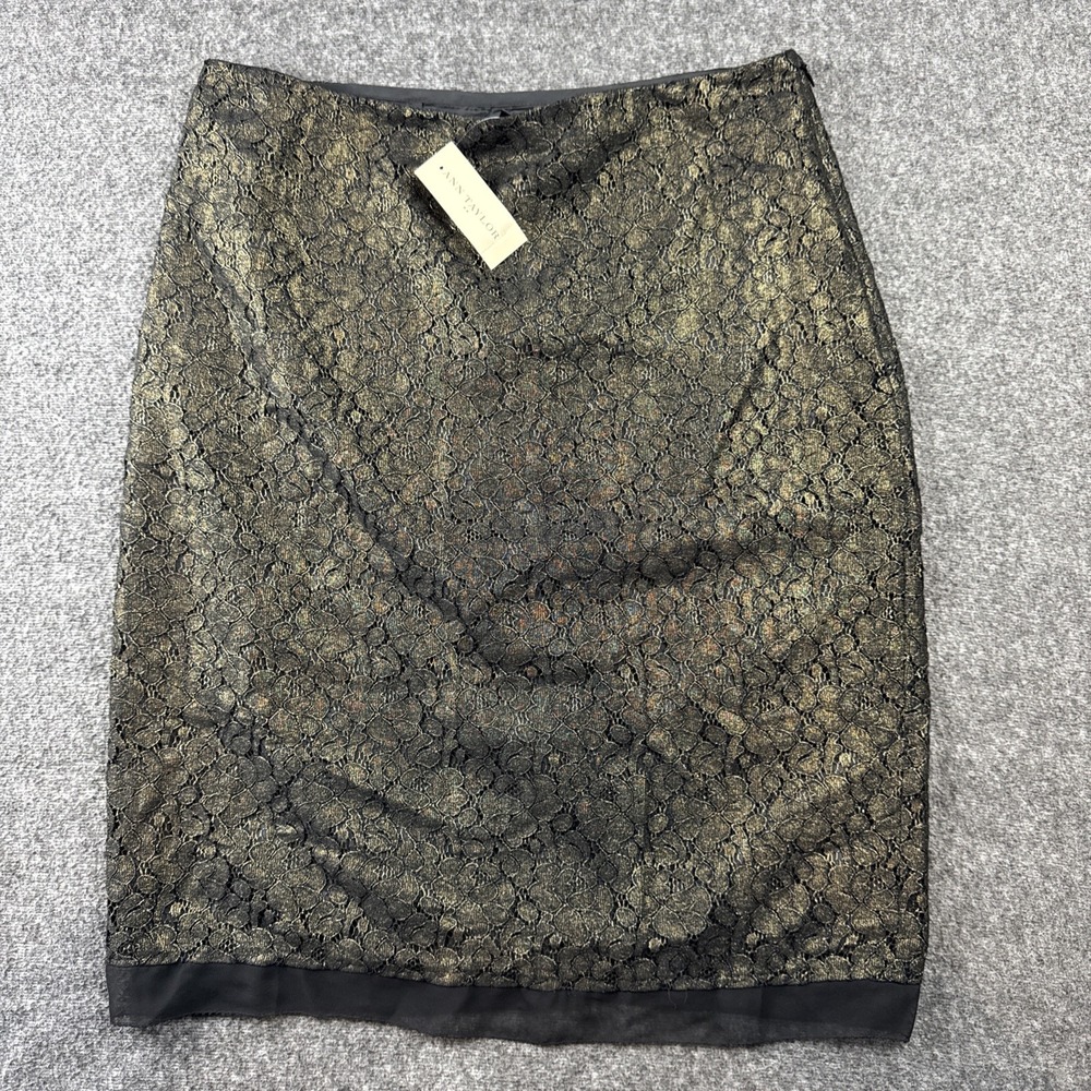 Ann Taylor Skirt Black Gold Floral Lace Size 10 Womens Lined Sheer Straight NWT